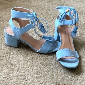 Sky blue tie up block heeled sandals